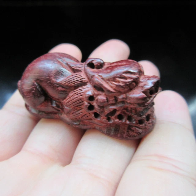 Vintage handwork Sandalwood carved Auspicious Beast Netsuke necklace pendant 242