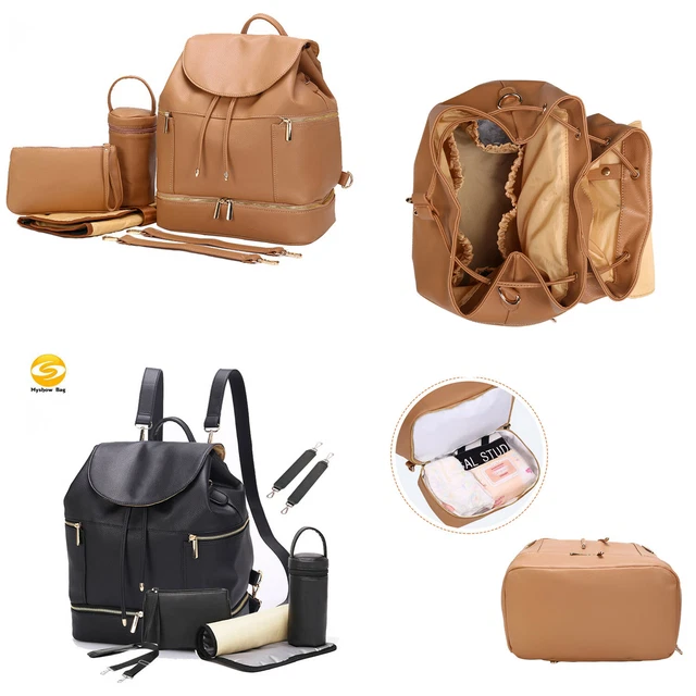 PU Leather Diaper Bag Backpack Nappy Organizer With Chaning Pad Bottle Warmer