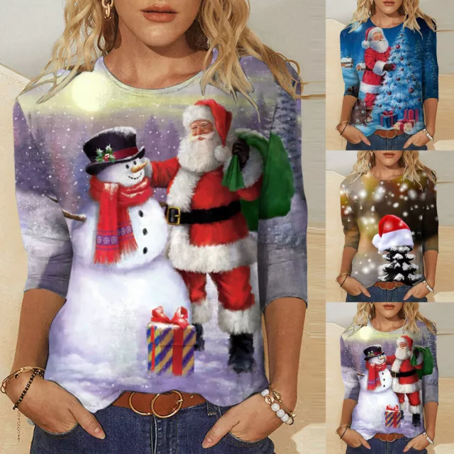 Womens Daily Christmas Print O Neck Tops Three Quarter Sleeve Round Neck Tee