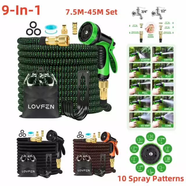 9-In-1 Expandable Garden Water Hose 10 Function Spray Nozzle 25/50/75/100/150FT