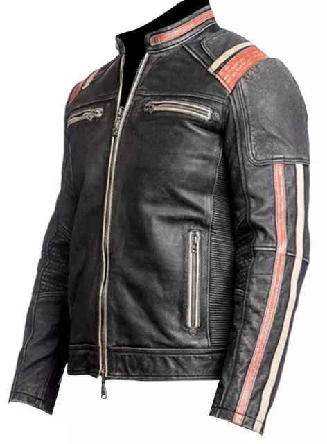 Men's Vintage Motorcycle Cafe Racer Biker Distressed Grey Real Leather Jacket