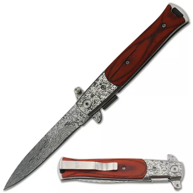 9" Italian Milano Stiletto Damascus Spring Assisted Open Folding Pocket Knife 3