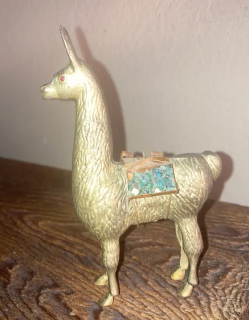 Vintage Llama Alpaca Brass Figurine 6.5” w/Saddle Bags Mining or can remove Bag