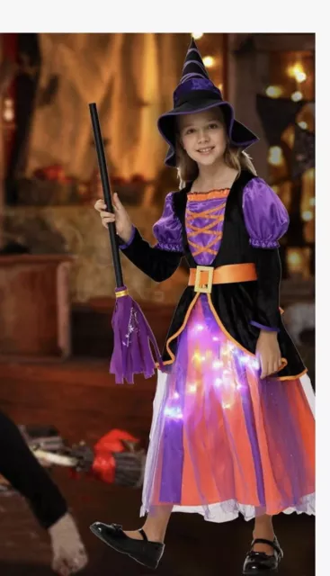 Twister CK Girls Light Up Witch Costume, Size Small 5-7, Broom Hat Dress NEW