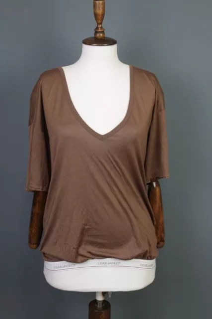 Dsquared 2 Brown Lagenlook Silk 3/4 Sleeve Stratch V-Neck Blouse Top Size S