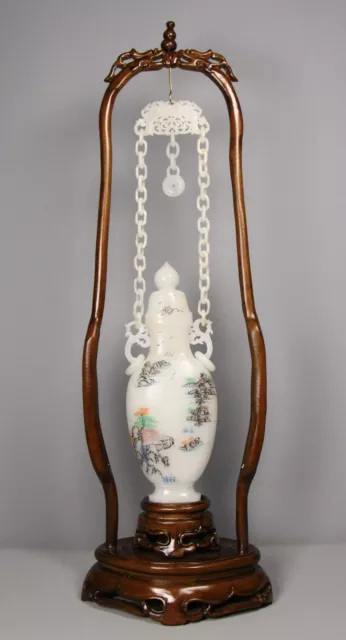 Chinese Exquisite Handmade Inlaid Hetian Jade Chain Bottle Landscape