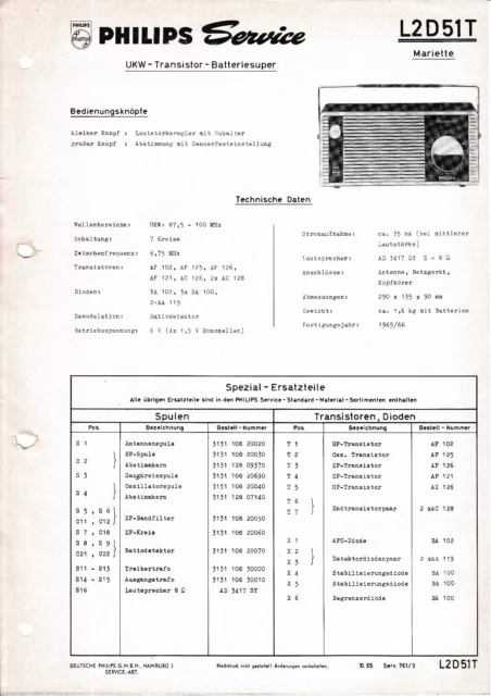 Service Manuel D'Instructions pour Philips L2 D51 T, Mariette