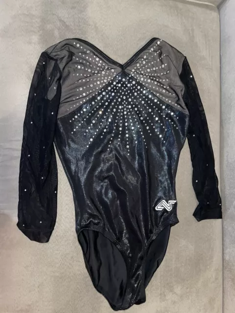 Alpha Factor Child Large Gymnastic Leotard Black Long Sleeve Swarovski Crystals