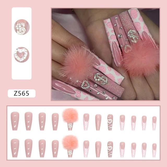 Nail Tips fai da te diamante copertura completa lunga francese unghie finte ballerina palla in pelliccia rosa