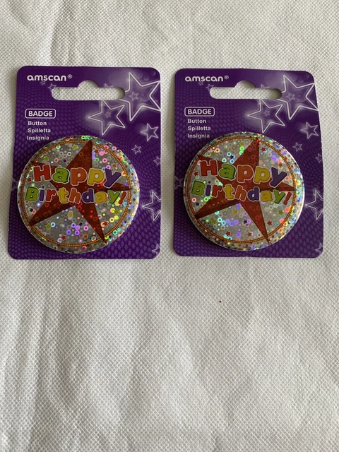 Distintivo compleanno Happy Birthday Olografico 5,5 cm distintivo con bottoni per sicurezza X2