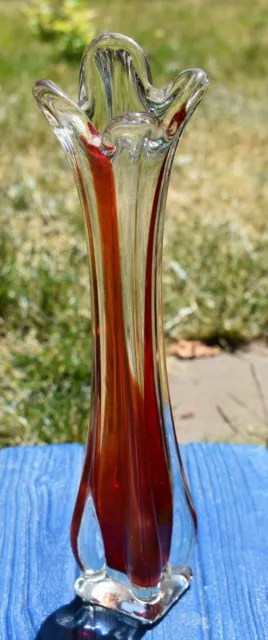Murano Four Finger Blood Red Clear Hand Blown Glass Stretch Vase 11.5" Tall VTG