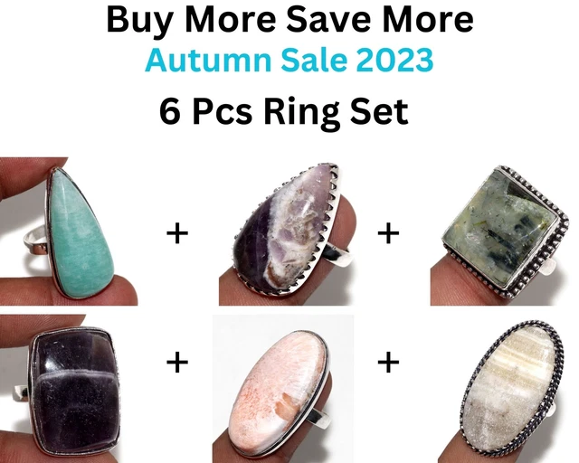 Amazonite,Chevron Amethyst,Moss Prehnite Scolecite 6pcs Ring Combo Set 7 JW