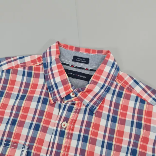 Tommy Hilfiger Mens Shirt Blue Red Medium Plaid Check Short Sleeve Button Up