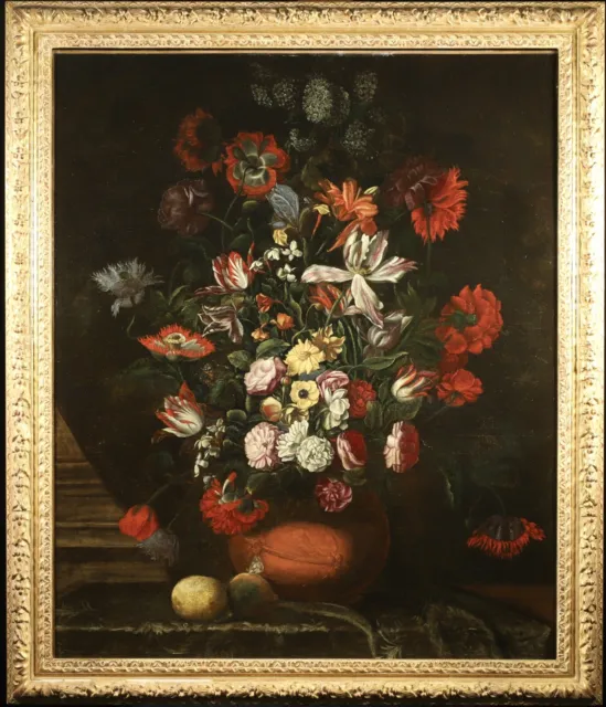 17th CENTURY HUGE DUTCH OLD MASTER OIL ON CANVAS - FLOWERS & BUTTERFLY IN URN