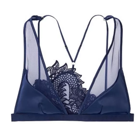 Victorias Secret Luxe Lingerie Unlined Dragon Lace Bra 3 piece Set Mesh  Blue