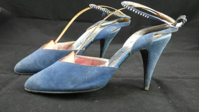 Vintage Bally Heels Blue Suede Ankle Strap Shoes Crystals Embellished UK 5.5