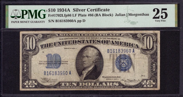 1934 A $10 SILVER CERTIFICATE NOTE FR.1702 Lfp86 BA BLOCK PLATE 86 PMG VF 25