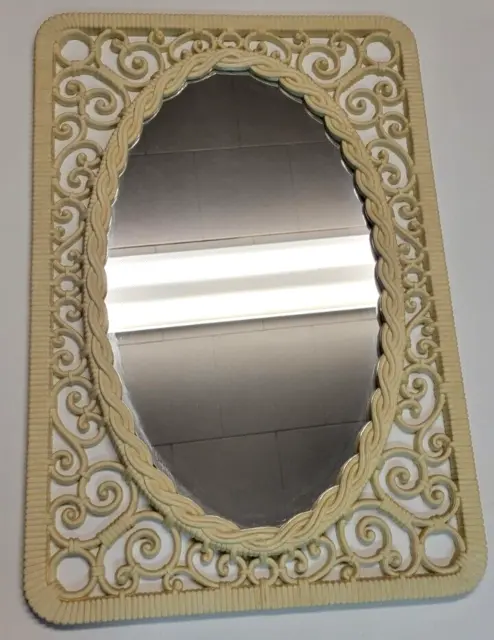 Syroco Mirror Large 24" x 16" Hanging Oval Scroll Woven Wicker Frame Look #2368