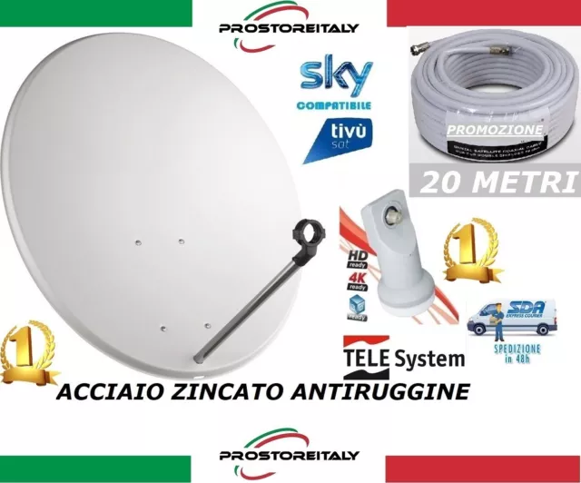 Parabola 60 Cm Acciaio Antenna Satellitare Per Sky,Tivusat+ Lnb +20 Mt Cavo Sat