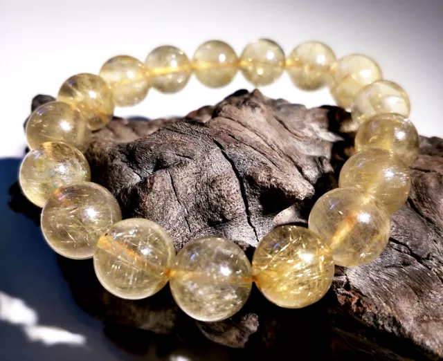 Natural Hair Rutilated quartz Gold Bead Crystal Bracelet Stretch Round 12 mm