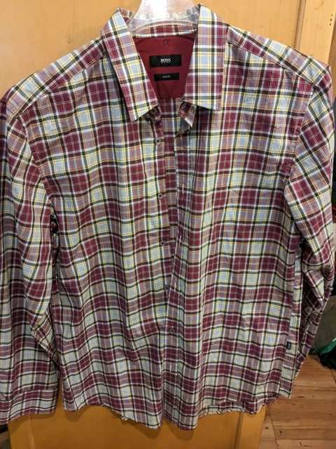 Hugo Boss Red plaid Design Sharp Fit Long Sleeve Button Shirt MENS SZ XL