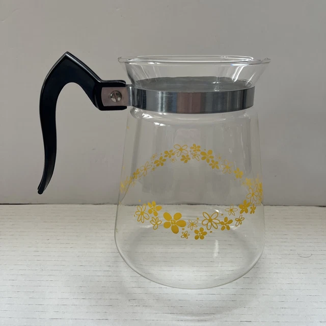 Vintage CORY Glass Coffee Carafe Pot Pitcher Yellow Daisy Flowers 8 Cup FFDL USA