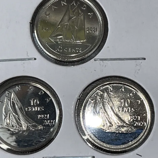 2021 Canada Bluenose 3 Dime Set Color, Double-Date & Classic Mint BU FREE 🚢