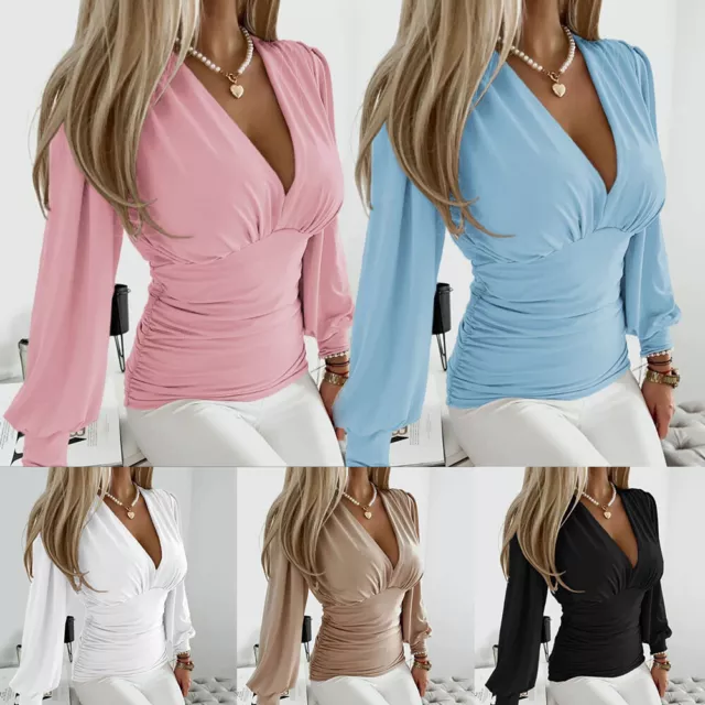 SEXY MUJER CUELLO En V Elegante Camisa de Manga Larga Camiseta