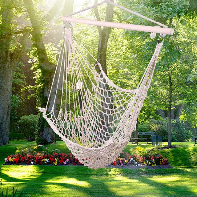 Hammock Cotton Swing Camping Hanging Rope Chair Wooden Beige White Outdoor Patio