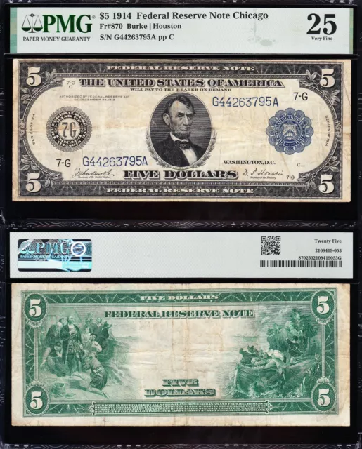 VERY NICE Bold & Crisp VF+ 1914 $5 CHICAGO Federal Reserve Note! PMG 25! 63795A