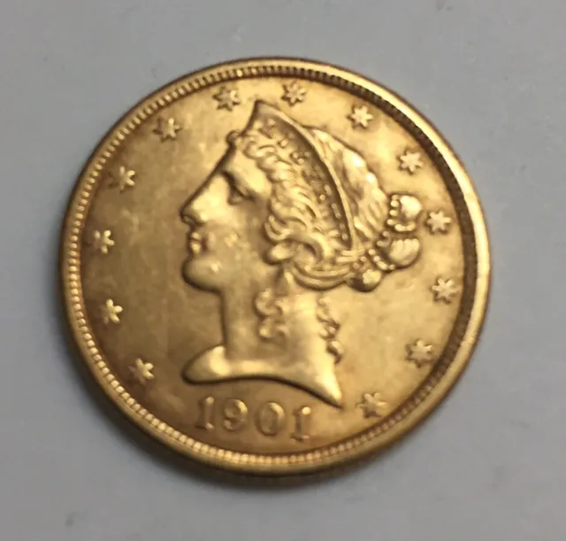 1901-S $5. Gold Liberty Head Almost Uncirculated Reasonably Priced To Sell