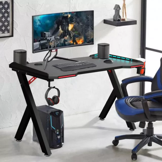 Extra Wide Black Carbon Effect Gaming Computer Desk Table with Holder Hook X Leg