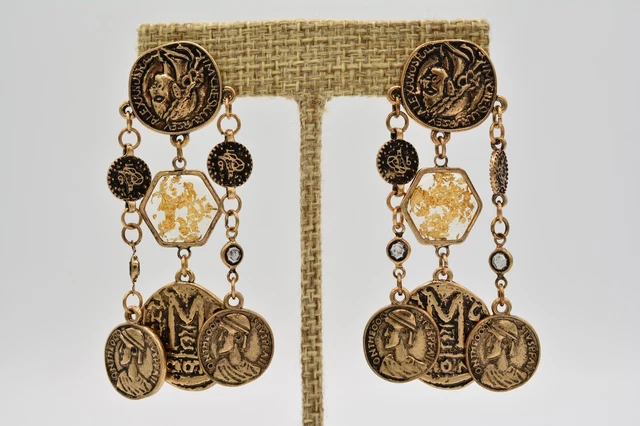 Alexander Coin Earrings Dangle Antiqued Gold Bezel Lucite Foil Chunky BinC