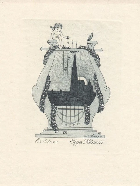 Exlibris Bookplate Radierung Kurt Libesny 1892-1939 Lyra Stephansdom Wien Akt