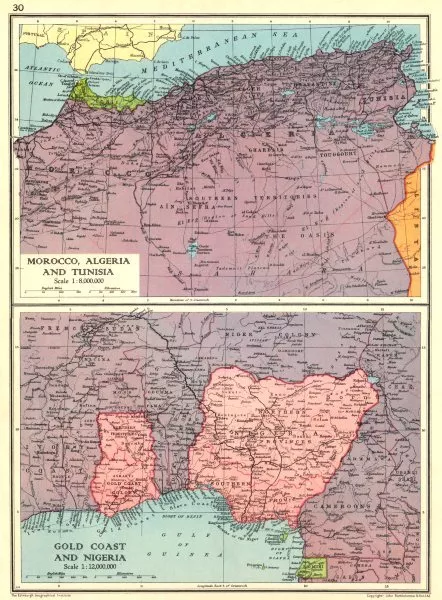 WEST AFRICA. Morocco Algeria Tunisia; Ghana and Nigeria. Gold Coast 1938 map
