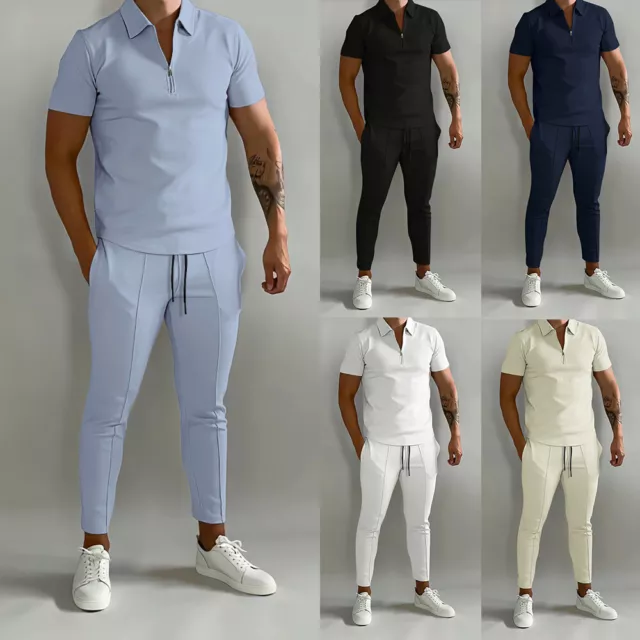 Mens Tracksuit Co-ord Set Short Sleeve Zip Up Shirts Jogger Trousers Work Golf