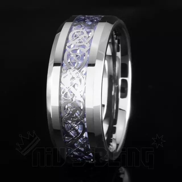 8MM Gold Silver Celtic Dragon Tungsten Carbide Carbon Fiber Wedding Band Ring