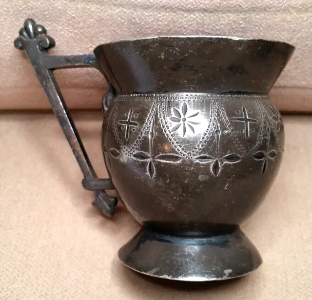Rare Antique Taunton Silver Plate Small Mug Cup Pot Cross & Flowers
