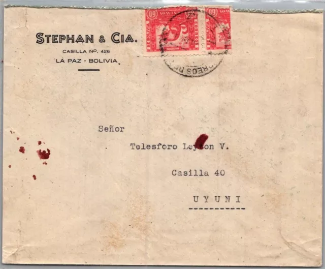 Bolivia Postal History Cover Stamp Cut 1/2 Addr Uyuni Canc La Paz Yrs'1940-50