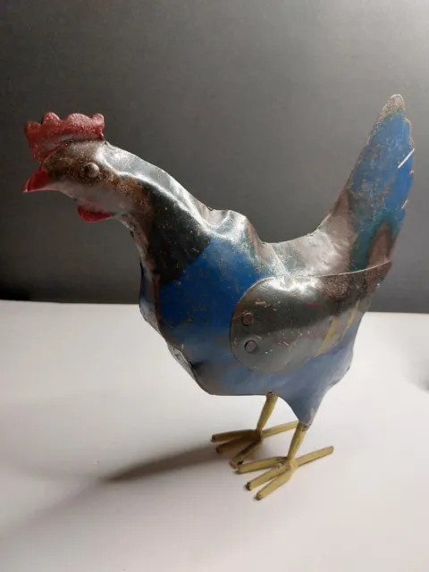 Metal Rooster Multi-colored Handmade Reclaimed Recycled Metal 10" Tall