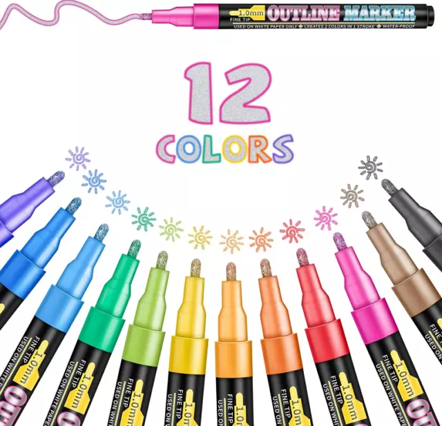  12 Colors Double Line Pen Markers Self Outline Pen,Doodle  Dazzles Shimmer Marker Set, Permanent Outline Fine Tip Metallic Markers for  Gift Card, Drawing, Painting, DIY Photo Album (Double Line Style) 