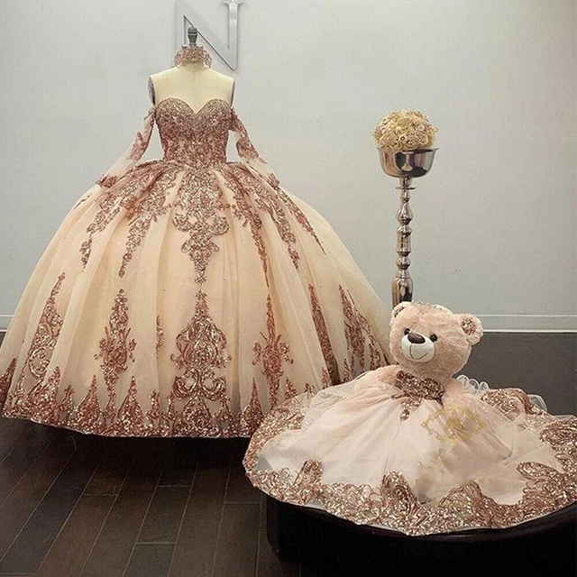 Quinceanera Dresses Beaded With Detachable Sleeves Sweet 15 Ball Gowns Rose Gold