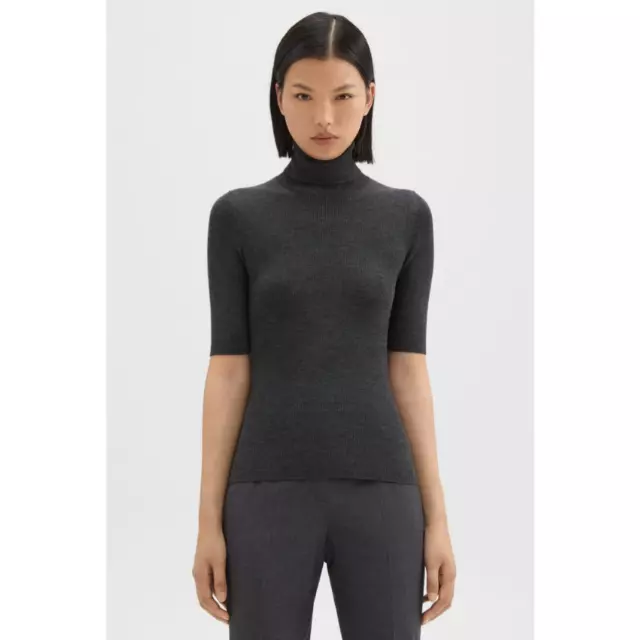 Theory Leenda Regal Wool Short Sleeve Turtleneck Grey Womens M