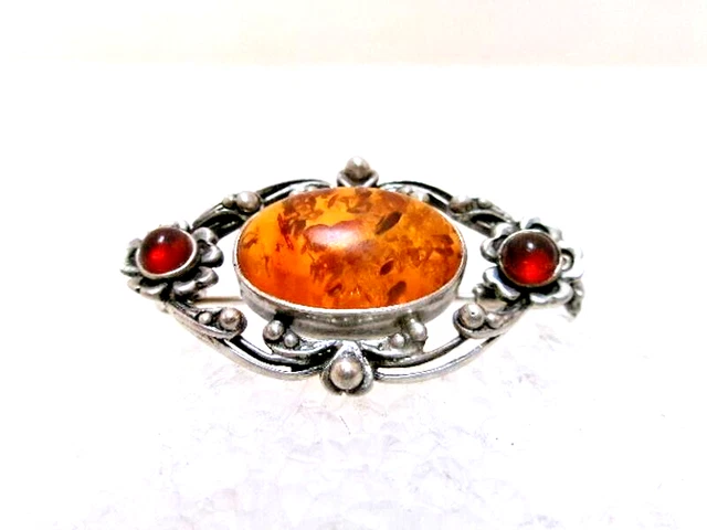 Broche Ancienne En Argent Sterling Et Pierre D'ambre - Bijou Vintage (réf. 151-9/A2-5) - Occasion