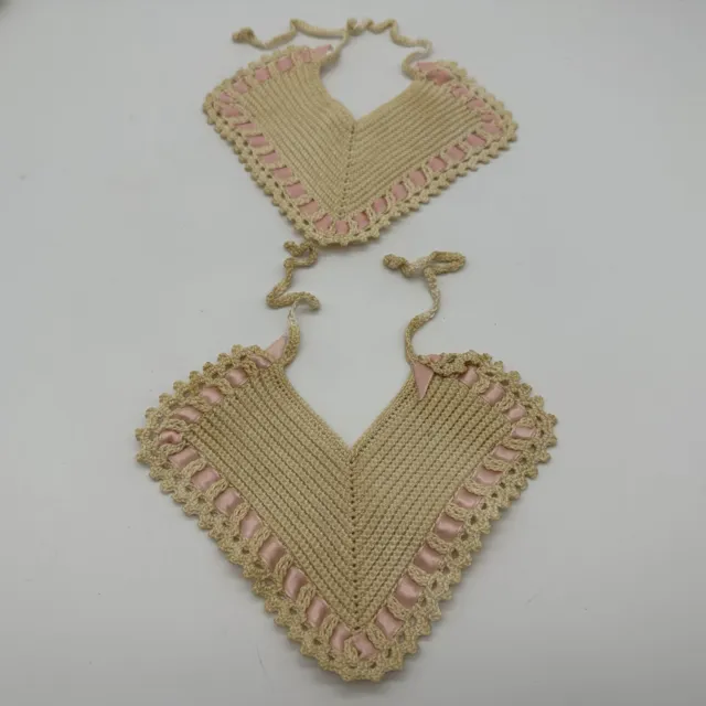 Vintage Handmade Crocheted Infant Baby Bibs With Ribbon Inlay