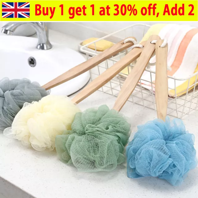 Back Scrubber Wooden Long Handled Brush Loofah Spa Body Sponge Shower Bath VM