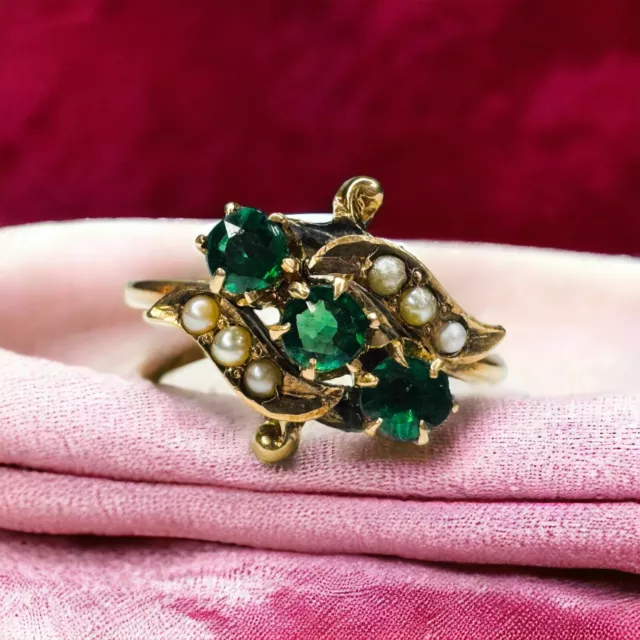 Antique 10k Gold Emerald & Seed Pearl Ring Size 5.5 Victorian Bypass Ring 1.6g