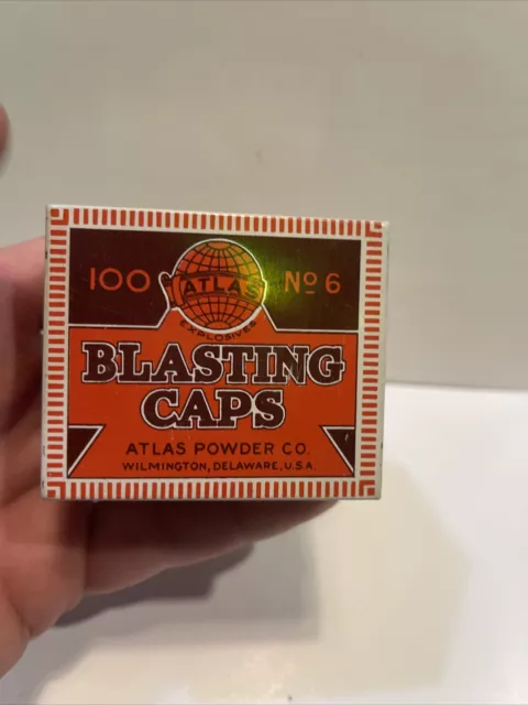 ATLAS POWDER CO NO 6 BLASTING CAPS TIN 100 COUNT TIN SIGN EMPTY CAN ref-B clean
