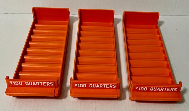 3 $100 Quarter Trays By Major Metalfab Orange Coin Roll Bank Teller Money Lot