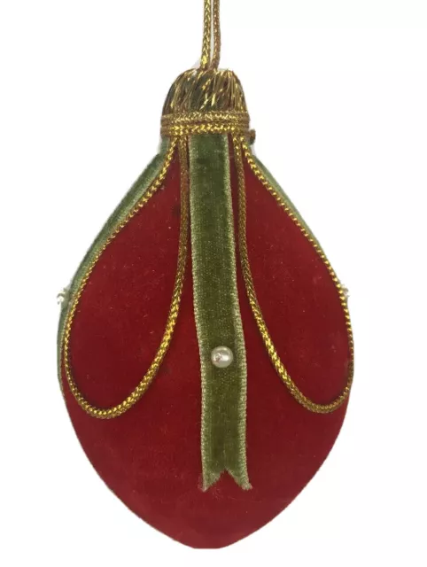 Vintage Red Flocked Teardrop Glass Christmas Ornament Green Velvet Ribbon 4"